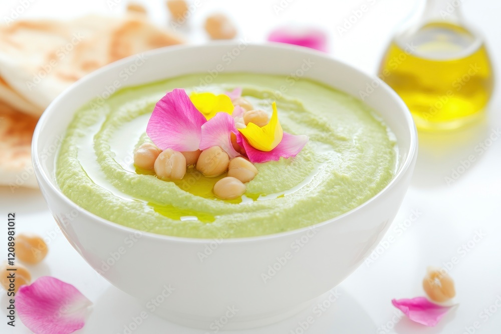 green hummus with pink and yellow flower petals in a bowl and a small bowl of olive oil on a white table green hummus with pink and yellow flower petals in a bowl and a small bowl of olive oil on a white table