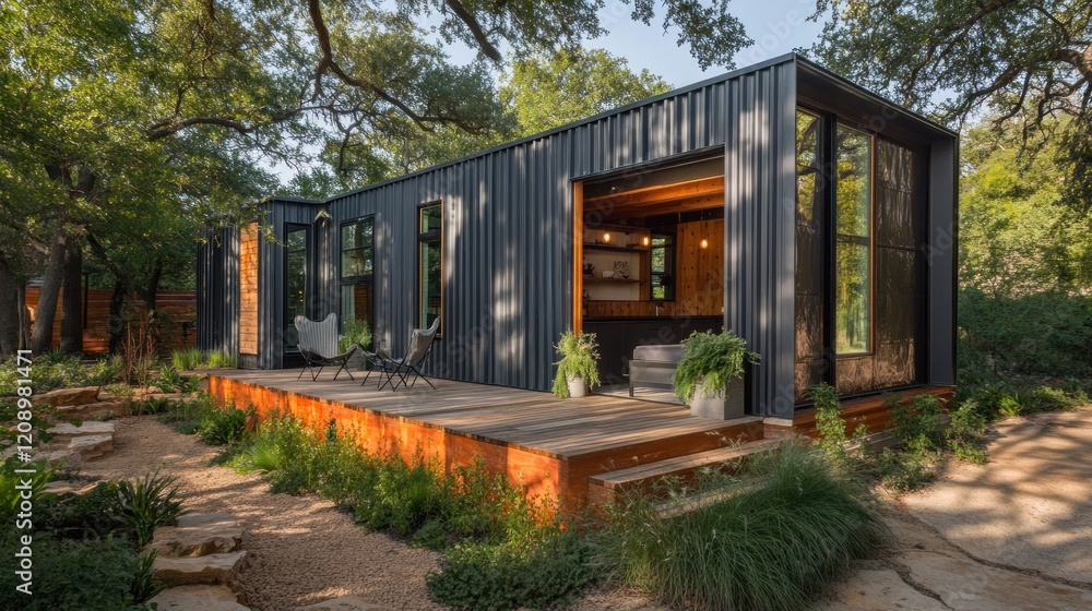 Obraz premium Modern Cabin with Deck and Surrounding Greenery