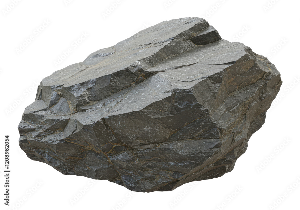 Rugged gray rock with sharp edges and textured surface, isolated on a white background