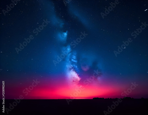 A night sky filled with stars, featuring a vibrant Milky Way stretching across the center. The sky transitions from deep blue at the top to a bright pink and purple hue near the horizon. The silhouett photo