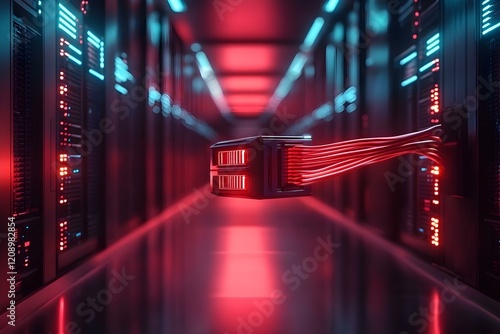 Cyber Precision: Futuristic Network Cable Connector with Glowing Red Interface