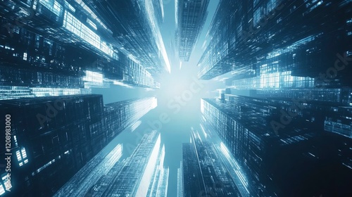 Wallpaper Mural Panoramic and perspective wide angle view to steel light blue background of glass high rise building skyscraper commercial modern city of future. Business concept of success industry tech architecture Torontodigital.ca