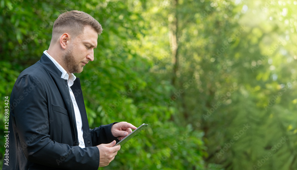 businessman using tablet.portrait of businessman with tablet in hands against nature background businessman using tablet.portrait of businessman with tablet in hands against nature background