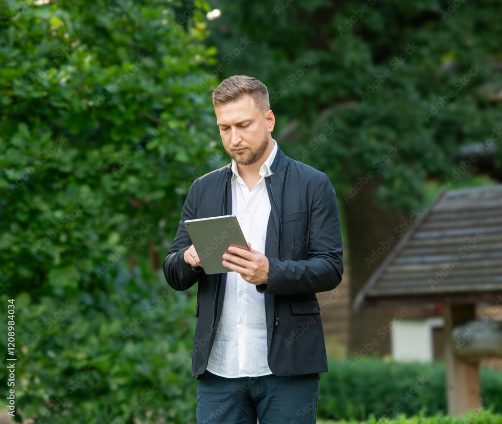 businessman using tablet.portrait of businessman with tablet in hands against nature background businessman using tablet.portrait of businessman with tablet in hands against nature background