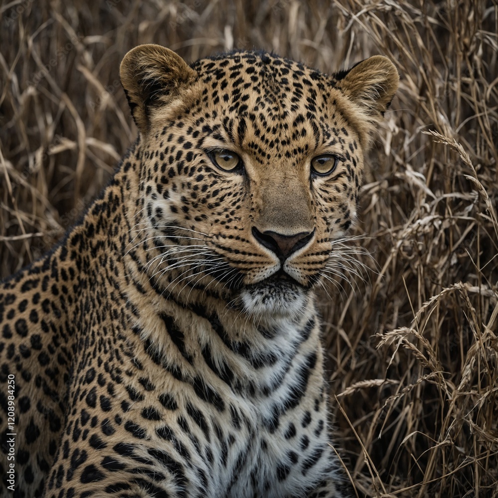 The detailed fur pattern of a leopard blending into its natural environment.