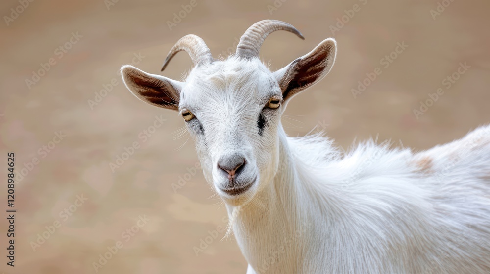 A goat in a peaceful farm area, with its body in soft focus and face in sharp detail, showing a calm, satisfied expression in a warm, organic setting. A goat in a peaceful farm area, with its body in soft focus and face in sharp detail, showing a calm, satisfied expression in a warm, organic setting.