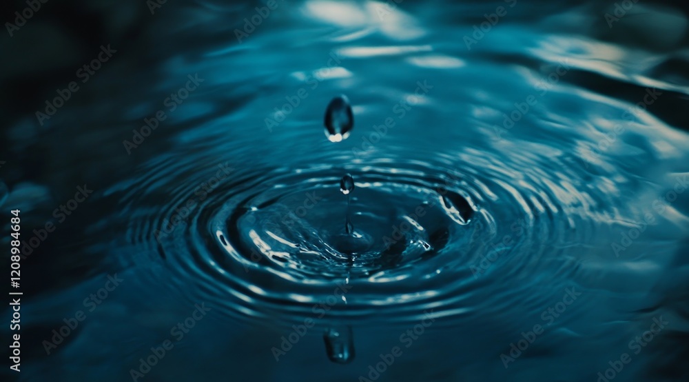 Water droplet falling, creating concentric ripples on a dark blue surface. Water droplet falling, creating concentric ripples on a dark blue surface.
