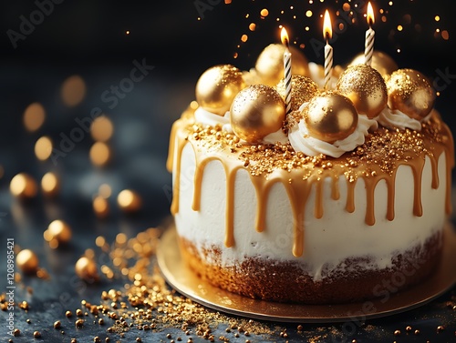 Golden birthday cake with candles and sprinkles.