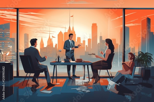 Business pitch taking place in a modern office with city skyline view during sunset, showcasing presenters and engaged audience members focused on innovative ideas photo