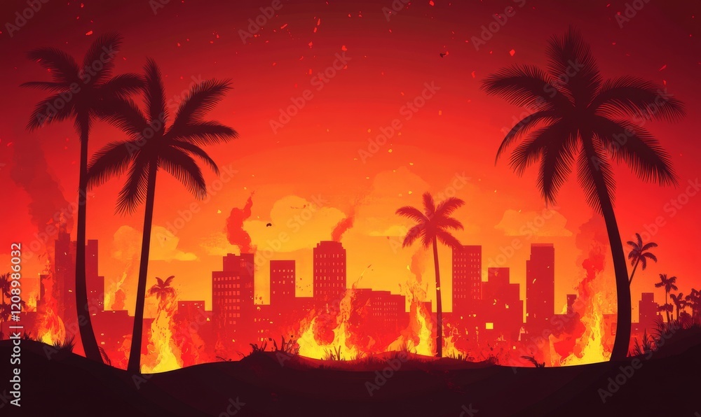 Obraz premium Illustration of a burning city and palm trees.