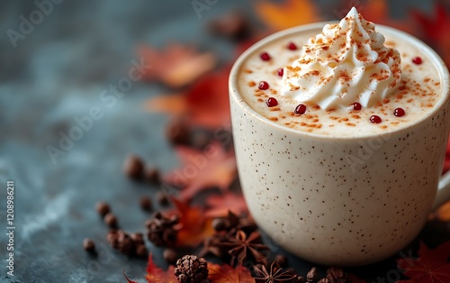 Autumnal spiced latte with whipped cream.