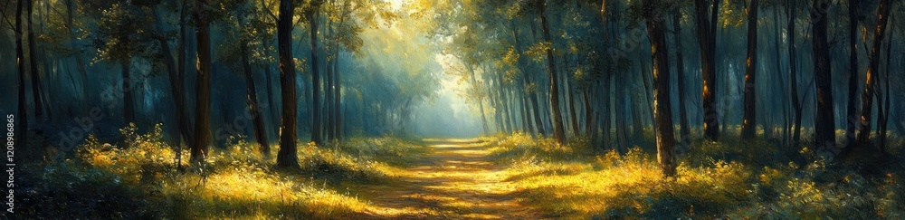 Tranquil Forest Path at Sunrise in Impressionist Style Serene Northern Nature Tranquil Forest Path at Sunrise in Impressionist Style Serene Northern Nature
