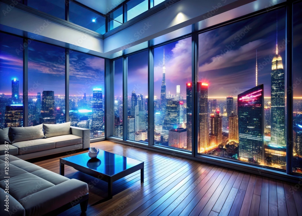 Futuristic Night Cityscape Apartment, Glowing Tech, Modern Room, Panoramic View, Illuminated Interior, Cyberpunk City, Night City Room