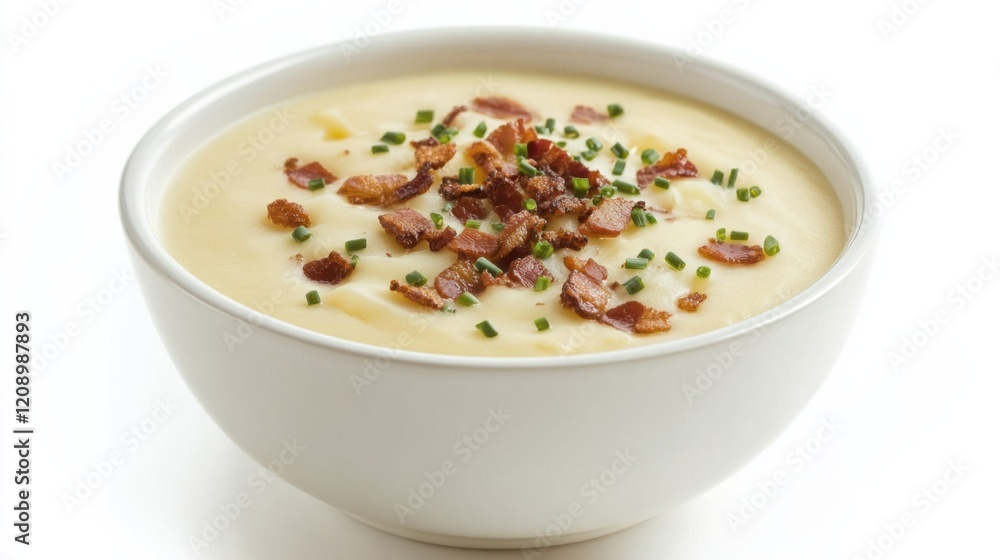 A bowl of creamy potato soup garnished with crispy bacon bits and chives, Its rich, velvety texture and comforting flavor enticingly displayed A bowl of creamy potato soup garnished with crispy bacon bits and chives, Its rich, velvety texture and comforting flavor enticingly displayed