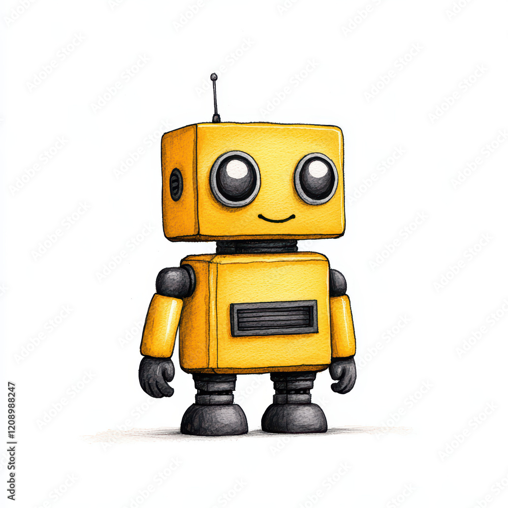 Cute yellow robot character with big eyes and friendly smile Cute yellow robot character with big eyes and friendly smile