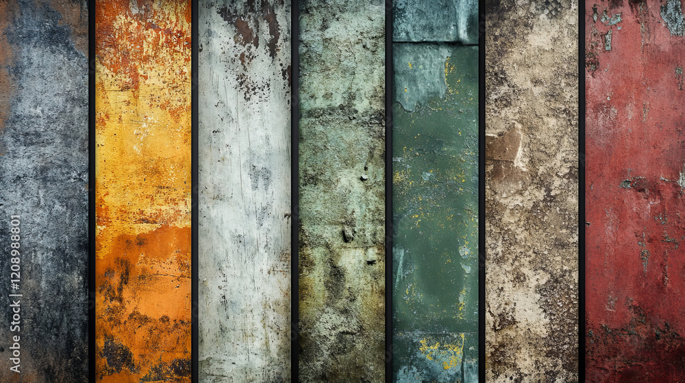 rustic multicolored distressed wood planks with peeling paint texture for vintage grunge background design projects