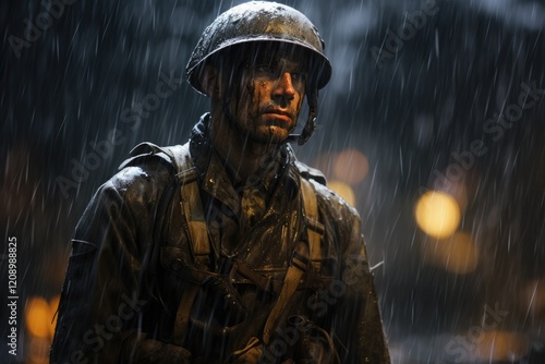 Soldier standing resolutely in heavy rain during a nighttime mission, embodying determination and bravery in adverse weather conditions photo