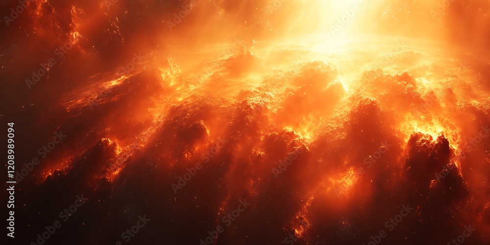 Fiery Nebula, cosmic explosion, bright orange and red glowing gas clouds. Fiery Nebula, cosmic explosion, bright orange and red glowing gas clouds.