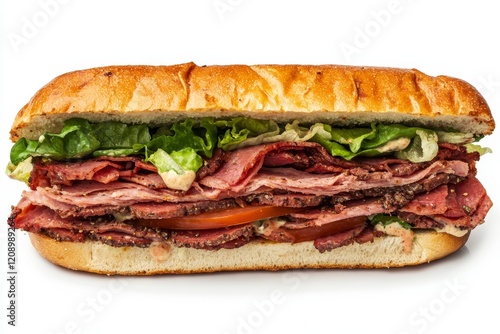 Large pastrami sandwich on a long roll with lettuce, tomato, and creamy sauce. photo