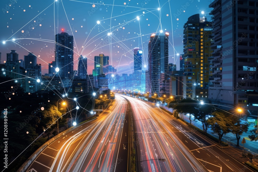 Modern smart city infrastructure showcasing IoT sensors and interconnected networks with vibrant city skyline during dusk Modern smart city infrastructure showcasing IoT sensors and interconnected networks with vibrant city skyline during dusk