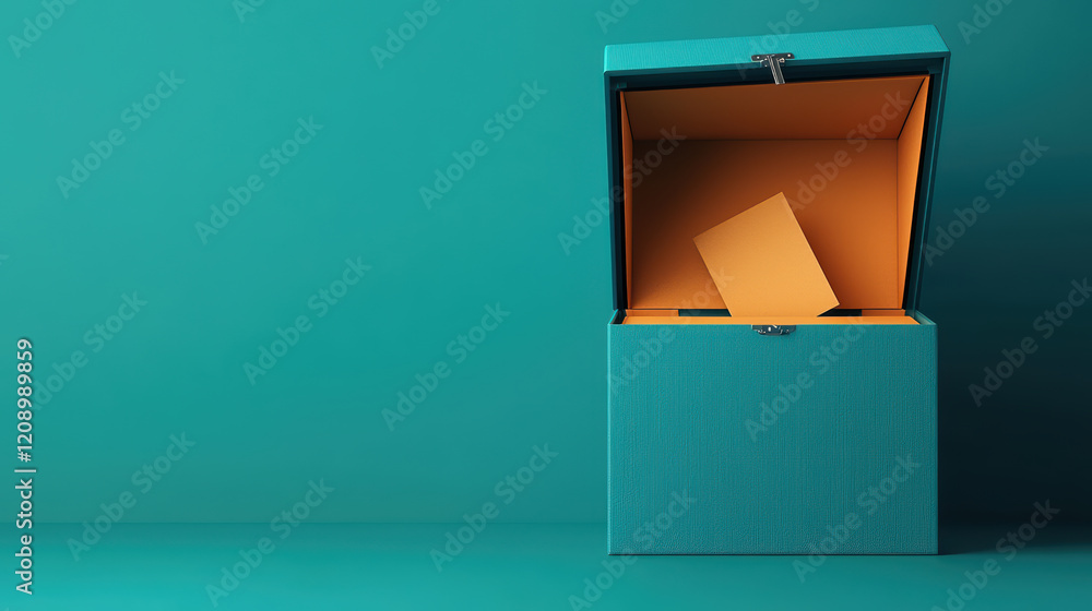 vibrant teal box with open lid reveals yellow envelope inside, symbolizing surprise vibrant teal box with open lid reveals yellow envelope inside, symbolizing surprise