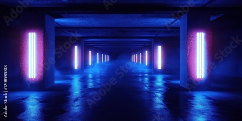 Cyberpunk Underground Scene with Glowing Blue Lights Concrete Pillars Dramatic Low Angle Composition Industrial Atmosphere