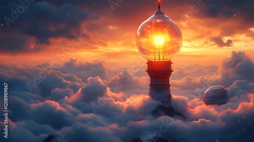 Sunset fantasy tower with glowing orb. photo