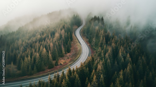 Scenic Curved Forest Road Surrounded by Misty Pine Trees and Vibrant Foliage

 photo