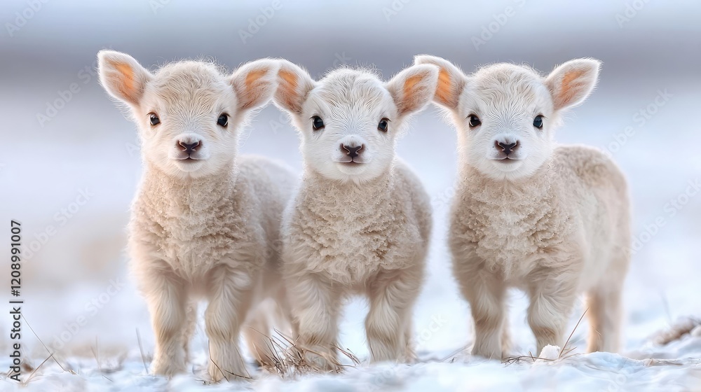 Fototapeta premium Three fluffy white lambs standing together on a snowy field during winter.