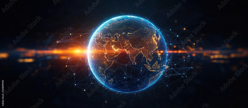 Cyberpunk Digital Globe of Asia with Network Connections and Sunset Light Cyberpunk Digital Globe of Asia with Network Connections and Sunset Light