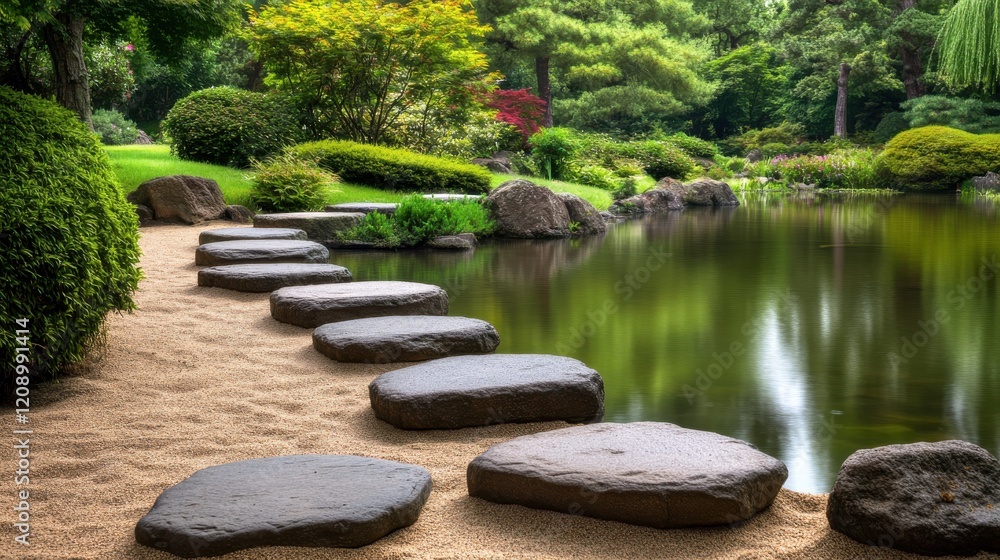 Fototapeta premium Tranquil stone pathway serene garden nature peaceful environment ground-level view zen concept for relaxation
