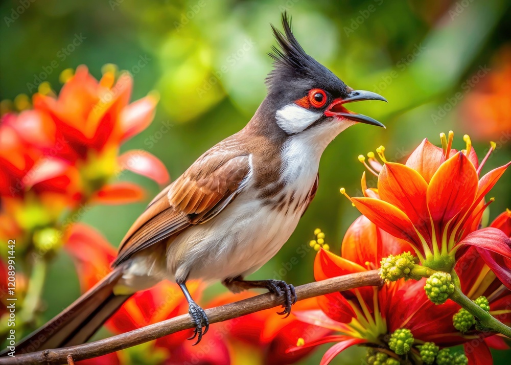 Fototapeta premium Long Exposure Red Whiskered Bulbul African Tulip Tree Insect Feeding Bird Photography