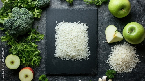 A top-down view of a black slate board surrounded by fresh, colorful ingredients like rice, green apple, and broccoli