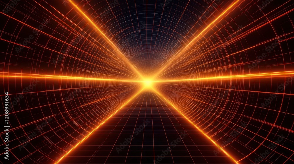 Fototapeta premium Retro-futuristic style background, reminiscent of 1980s sci-fi movies. The design features a four-dimensional rectangular tunnel with glowing grid lines on all sides that disappear into space.