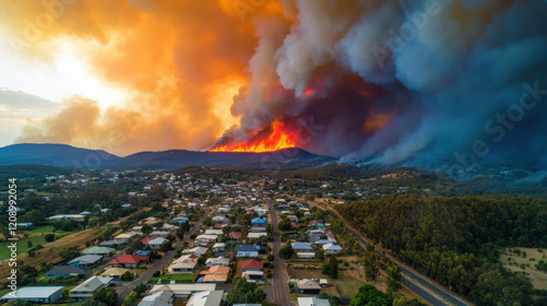 Aerial view of a landscape engulfed in wildfire, with dark smoke and bright flames contrasting against a residential area below.