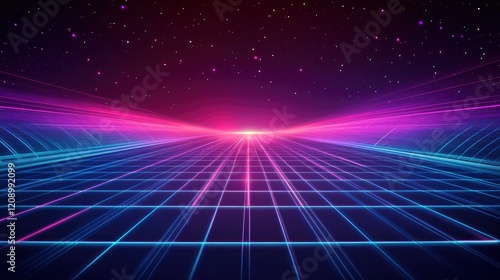 Wallpaper Mural Retro-futuristic style background, reminiscent of 1980s sci-fi movies. The design features a four-dimensional rectangular tunnel with glowing grid lines on all sides that disappear into space. Torontodigital.ca