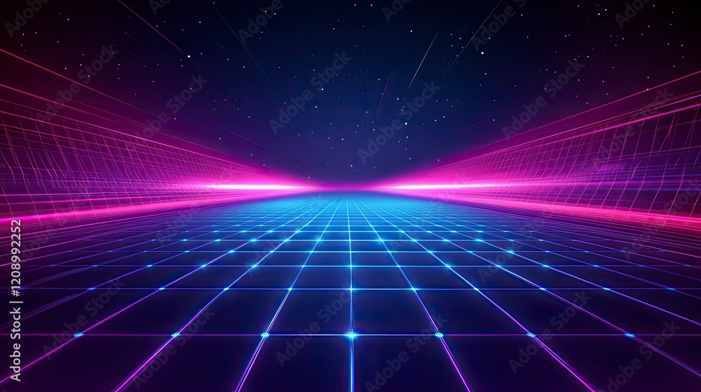 Retro-futuristic style background, reminiscent of 1980s sci-fi movies. The design features a four-dimensional rectangular tunnel with glowing grid lines on all sides that disappear into space. Retro-futuristic style background, reminiscent of 1980s sci-fi movies. The design features a four-dimensional rectangular tunnel with glowing grid lines on all sides that disappear into space.