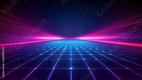 Retro-futuristic style background, reminiscent of 1980s sci-fi movies. The design features a four-dimensional rectangular tunnel with glowing grid lines on all sides that disappear into space.