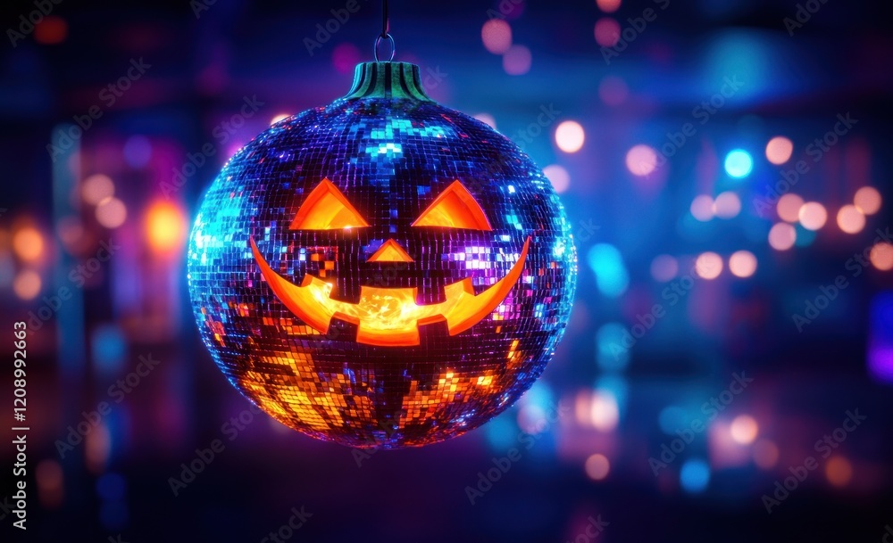 Fototapeta premium Halloween Disco Ball with Pumpkin Face Colorful Lights in Nightclub Smoke and Abstract Patterns