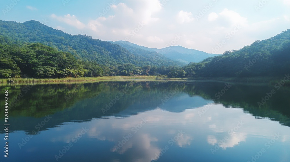 Scenic view of mountains and green forest reflection in shiny lake of nature reserve. Scenic view of mountains and green forest reflection in shiny lake of nature reserve.