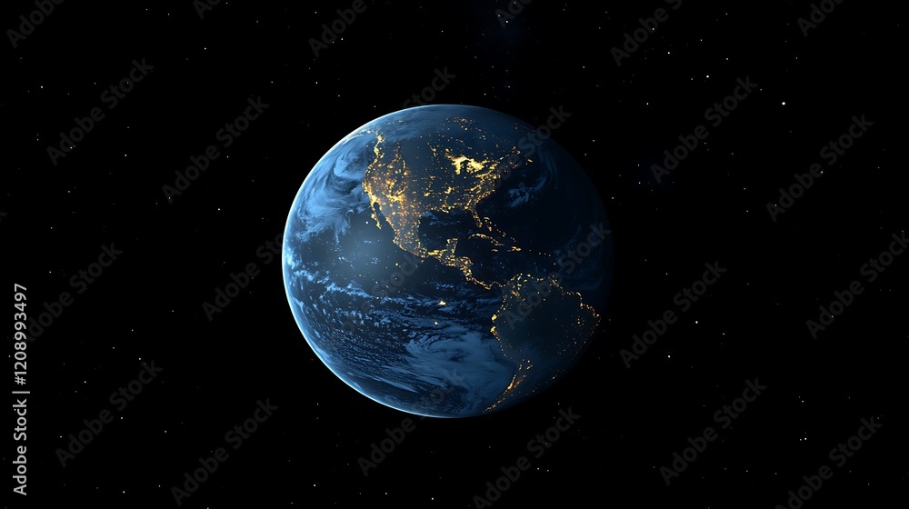 Naklejka premium 3D rendering of the Earth seen from space at night on universe galaxy
