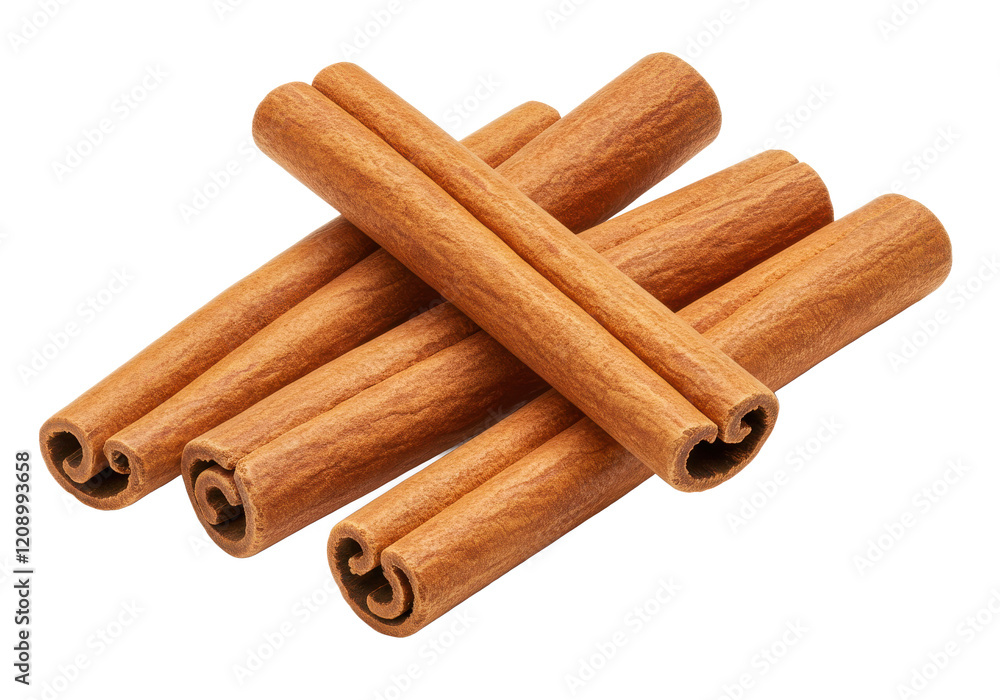Four aromatic brown cinnamon sticks arranged in a scattered pattern, isolated on a white background Four aromatic brown cinnamon sticks arranged in a scattered pattern, isolated on a white background