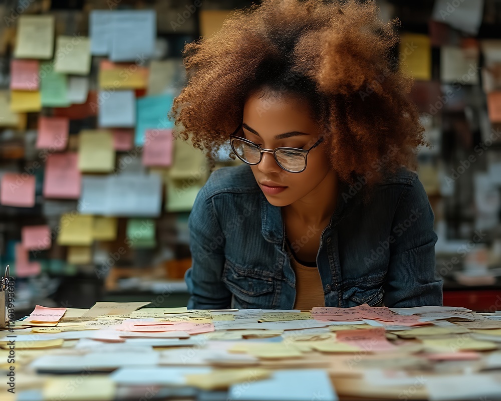 Fototapeta premium Woman reviewing notes on sticky notes.