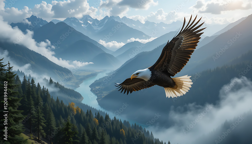 Fototapeta premium Majestic Eagle Soaring Over Misty Mountains at Dawn