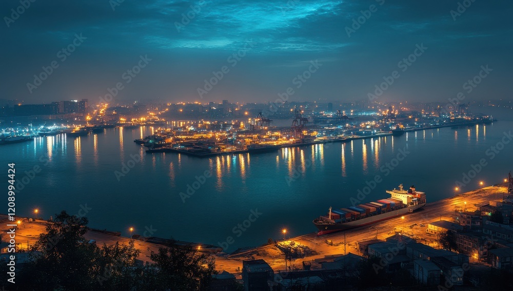 Fototapeta premium Stunning Aerial View of a Harbor at Night Featuring Illuminated Boats and Calm Waters Reflecting the Vibrant City Lights Under a Dark Blue Sky