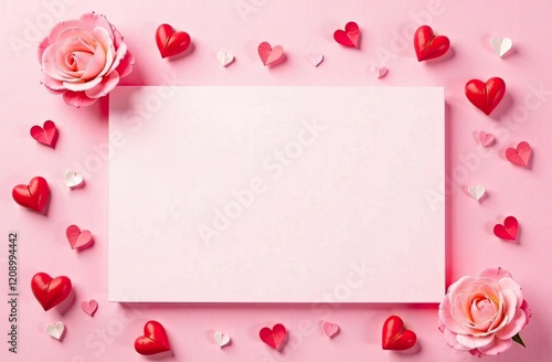 Blank sheet on pink background with hearts and flower. The concept of Valentine Day. Perfect for cards, gifts, and more
