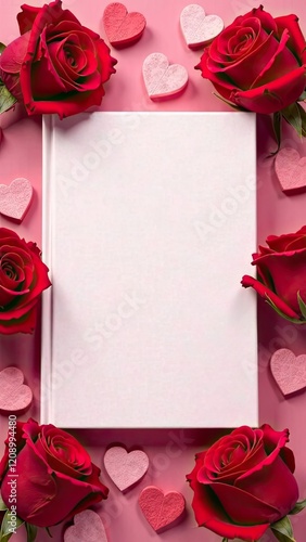 Book mockup on pink background with hearts, roses and rose petals. The concept of Valentine Day. Perfect for cards, gifts, and more
