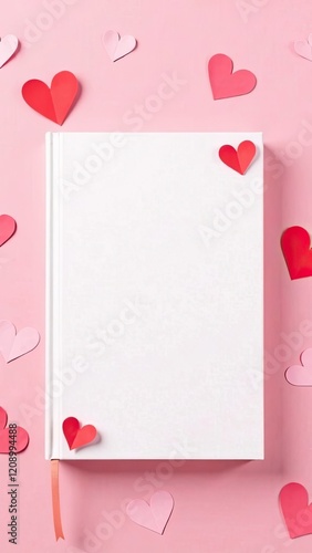 Book mockup on pink background with hearts. The concept of Valentine Day. Perfect for cards, gifts, and more