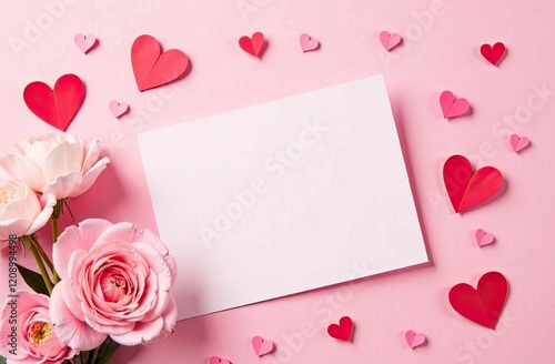 Blank sheet on pink background with hearts and flower. The concept of Valentine Day. Perfect for cards, gifts, and more