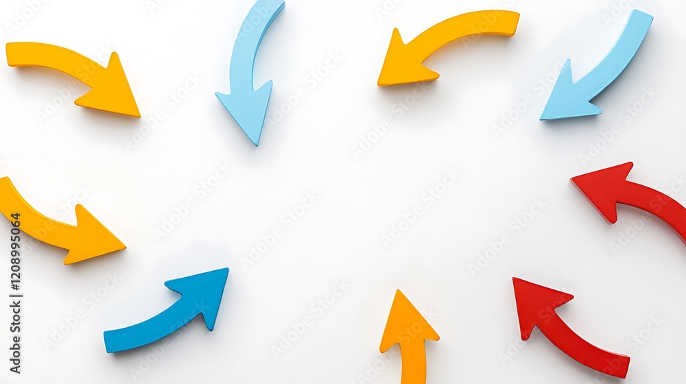 Colorful arrows in various directions are arranged in a circular pattern on a light background, symbolizing movement and choice. Colorful arrows in various directions are arranged in a circular pattern on a light background, symbolizing movement and choice.